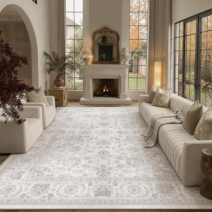PureCozy 9x12 Gray Living Room Area Rug Vintage Washable Non Slip Indoor Carpet Distressed Low Pile Soft Retro Accent Throw Grey Large Rug for Bedroom Dining Room Office