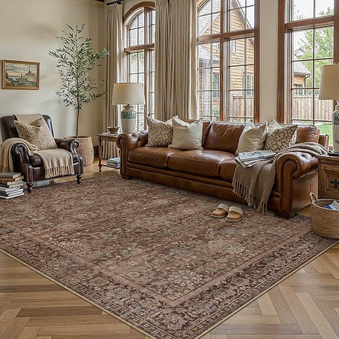 HUGEAR Area Rugs 5x8 Rust Red Washable Rug for Living Room Bedroom Neutral Vintage Rug Carpet Distressed Soft Durable Non Slip No Shedding for Indoor Dining Nursery Farmhouse