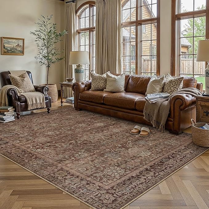 HUGEAR Area Rugs 6x9 Rust Red Washable Rug for Living Room Bedroom Neutral Vintage Rug Carpet Distressed Soft Durable Non Slip No Shedding for Indoor Dining Nursery Farmhouse