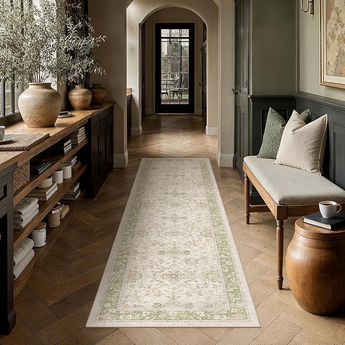 2x8 Sage Green Washable Runner Rug Non Slip Vintage Carpet | Soft Low Pile, Lightweight Foldable, Pet Friendly, Hallway, Kitchen, Bathroom, Front Door, Beside Bed