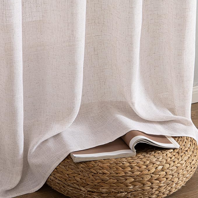 MIULEE Natural White Linen Curtains 64 Inch Length 2 Panels for Bedroom Living Room, Soft Thick Linen Textured Window Drapes Semi Sheer Light Filtering Back Tab Rod Pocket Burlap Look Decor