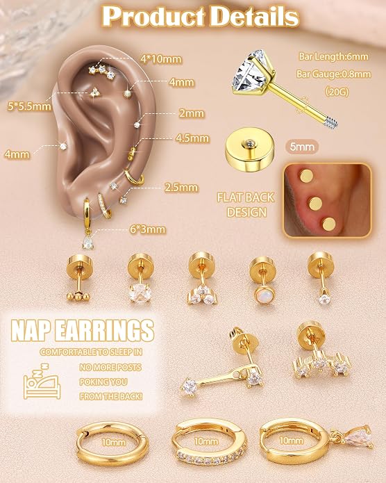 MILACOLATO Hypoallergenic Flat Back Earrings 14K Gold Plated Cartilage Earring Sets for Multiple Piercing 20G Surgical Stainless Steel Earrings for Women Trendy Earring Stacks Small Hoop Flatback Stud Earrings