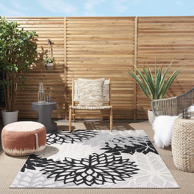 Nourison Home Aloha Indoor/Outdoor Black White 3'6" x 5'6" Area Rug, Tropical, Botanical, Easy Cleaning, Non Shedding, Bed Room, Living Room, Dining Room, Deck, Backyard, Patio (3x5)