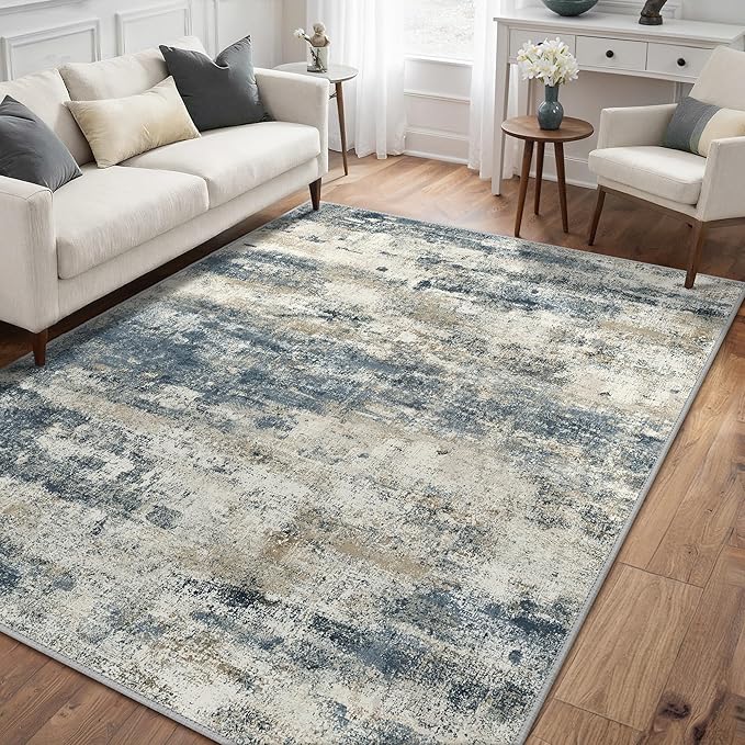 GENIMO 4x6 Rug for Entryway Washable Area Rug, Modern Abstract Small Throw Rugs for Hallway Living Room, Bedroom Beside, Non-Slip Low Pile Lightweight Soft Carpet, Navy Blue