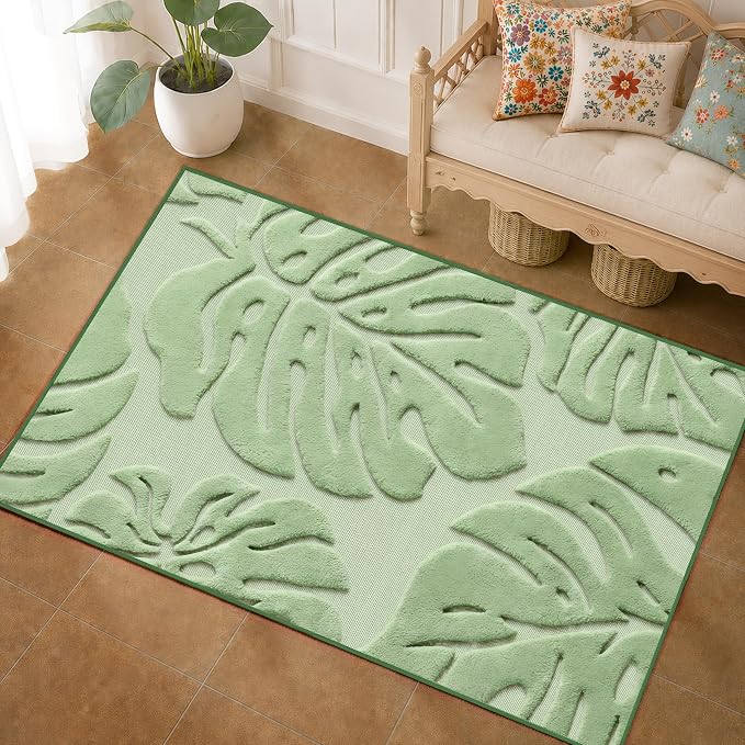 Sage Green Monstera Area Rug 3x5, High-Low Plush Pile Washable Rugs for Living Room Bedroom, Tropical Non Slip Nursery Carpet Soft Indoor Shag Rugs for Dining Room