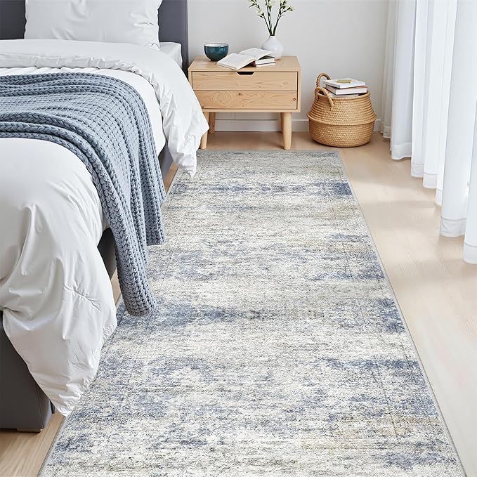 2'6 x 8' Runner Rug Non Slip,Washable Kitchen Rugs,Blue | Neutral Rugs for Kitchen,Entryway,Bedroom,Bathroom,Nursery Room,Thin,Soft Runner Rug,Stain Resistant Indoor Carpet