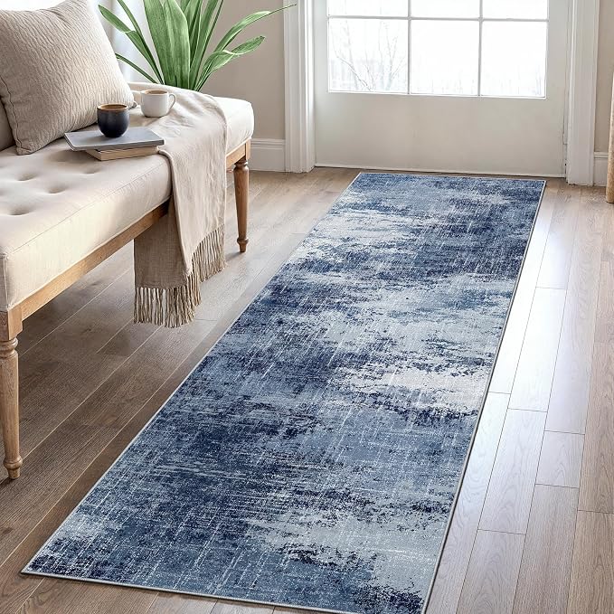 Runner Rugs for Hallway 2x6, Modern Abstract Machine Washable Runners for Kitchen Entryway Bathroom Bedroom, Low Pile Lightweight Thin Non Slip Runner Rug, Dark Blue