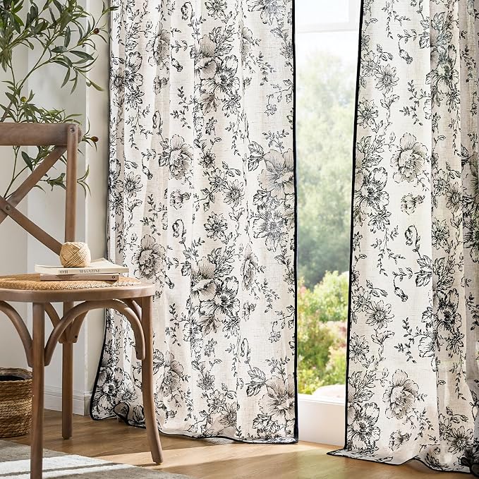 jinchan Floral Linen Curtains with Black Trim 96 Inch Back Tab 2 Panels | Light filtering drapes, semi sheer, french country, farmhouse, vintage, living room, bedroom, rod pocket, window treatment