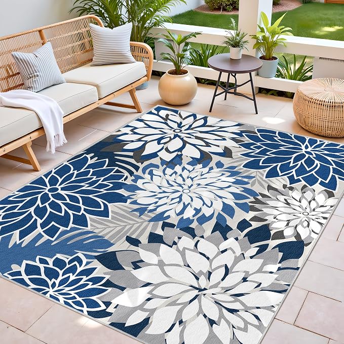 5x8 Outdoor Area Rug Washable Multicolored Patio Rug Tropical Botanical Floral Chenille Waterproof Outdoor Carpet for Living Room, Deck, Backyard, Porch, Blue