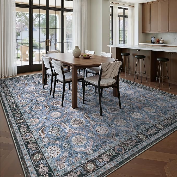 8x10 Area Rugs, Soft Non Slip Low Pile Washable Rug, Boho Modern Rug for Living Room, Bedroom, Dining Room, Blue