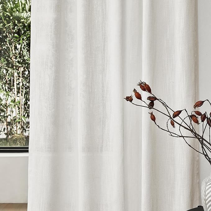 MYSKY HOME Extra Long Curtains for Living Room, Soft Cotton Fabric Boho Window Curtain Drapes Light Filtering Semi Sheer Backdrop Panels, Beige White, 50 x 102 Inches, 2 Pieces