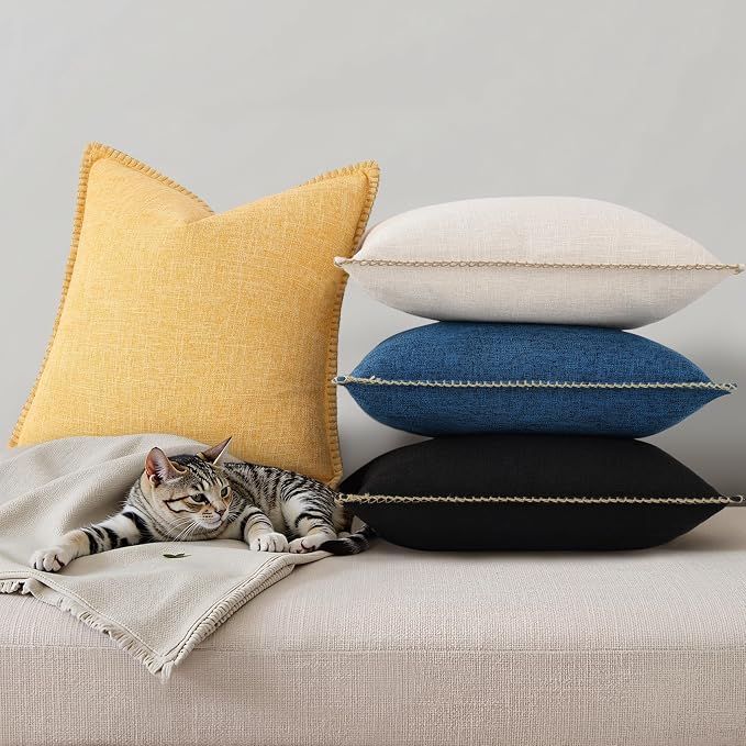 decorUhome Black Faux Linen Outdoor Throw Pillow Covers 26x26 Set of 2 | Fall Decorative Textured Neutral Modern Farmhouse Pillow Covers with Stitched Edge for Couch Sofa Bed Living Room