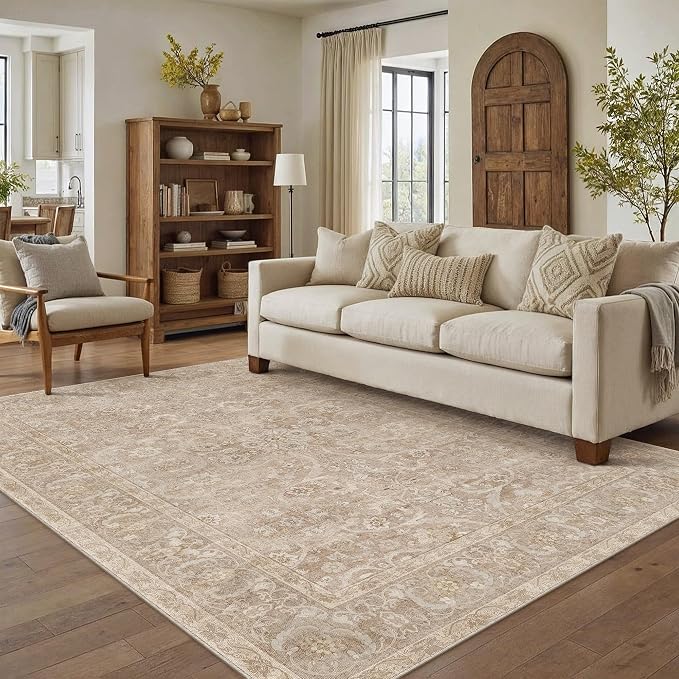 PureCozy Brown 5x7 Area Rug Washable Vintage Living Room Carpet Bedroom Indoor Non Slip Soft Low Pile Thin Stain Resistant Distressed Accent Throw Rug for Dining Office Nursery