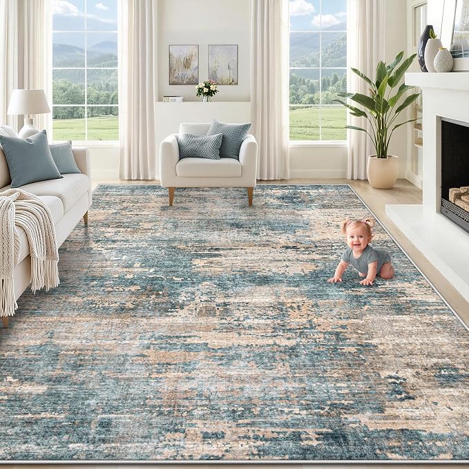 XLUEZ 8x10 Area Rugs for Living Room, Washable Modern Abstract Large Area Rug Neutral Soft Non Slip Kids Rug Stain Resistant Indoor Carpet for Bedroom Nursery Dining Room Playroom(GreenBrown, 8'x10')