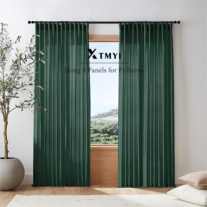 XTMYI Emerald Dark Green Back Tab/Hook Belt Linen Cotton Sheer Curtains for Bathroom 45 Inch Length