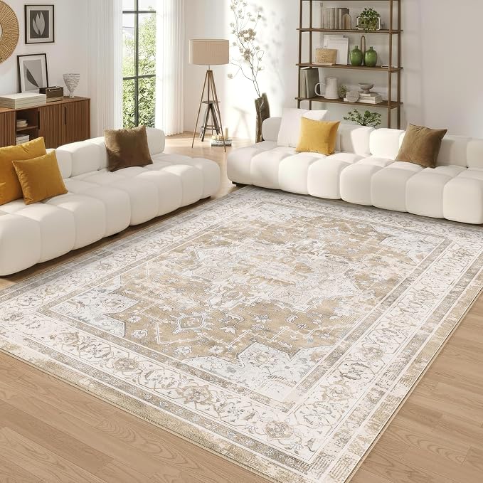 10x14 Area Rug for Living Room-Vintage Farmhouse Boho Floral Neutral Washable Stain Resistant Indoor Carpet for Bedroom Office and Home Decor(Beige&Brown)