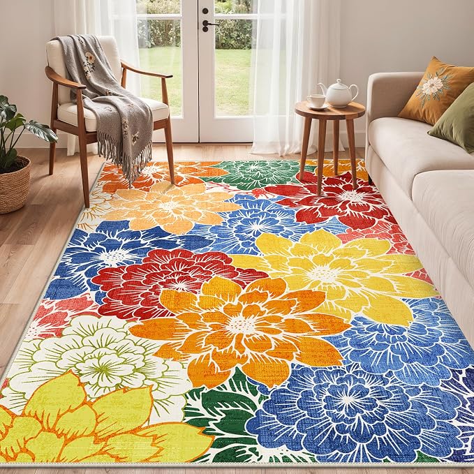 GENIMO 4x6 Outdoor Rug, Washable for Porch and Patio, Multicolor | Floral design for balcony; fade resistant chenille with quick-dry non-slip backing for deck and indoor space
