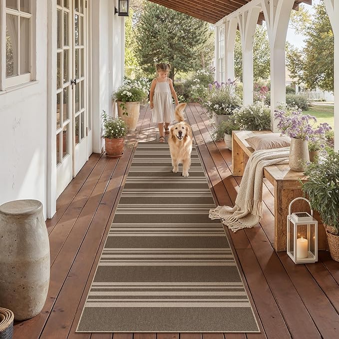 PureCozy Washable Kitchen Runner Rug 2x8 Striped Jute Look Non Slip | 2'6"x8 Brown Stripe Farmhouse Design, Indoor Outdoor Hallway Runner for Entryway, Laundry Room and Kitchen, Non Shedding