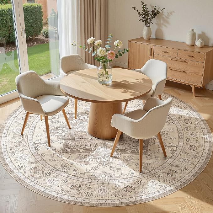 8ft Round Area Rug: Washable Vintage Neutral Soft Non Slip Thin Large Floor Carpet for Living Room Bedroom Kitchen Dining Room Home Office Farmhouse Indoor - Brown