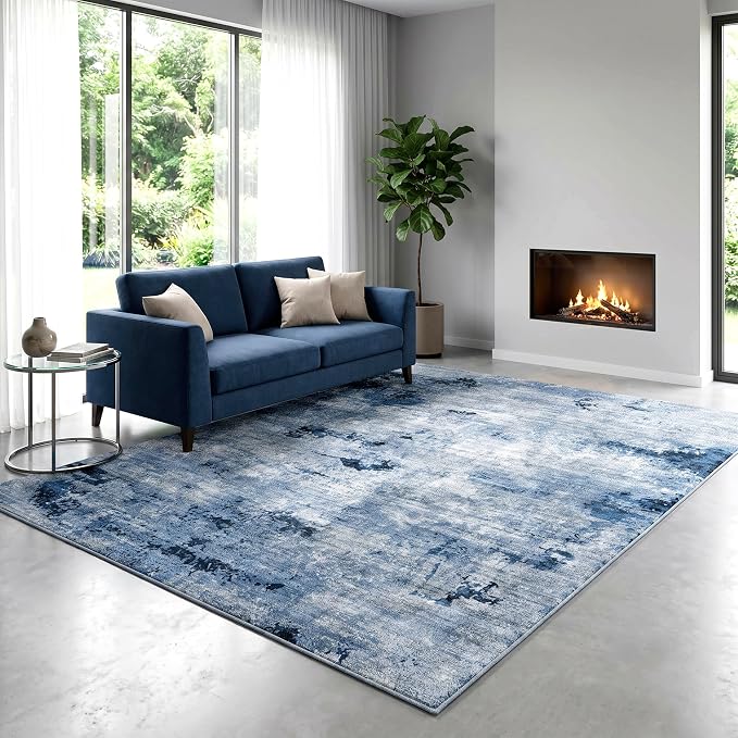 Washable Pet Friendly Area Rug, Water & Stain Resistant, 0.3" Low Pile, Foldable Abstract Rug, Non-Slip Cotton-Backed with Silicone Backing, for Bedroom Study Room, 5'x7', Navy Blue
