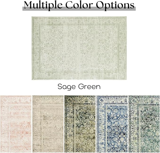 Sage Green Rug 5x7 Baby Girl Nursery Decor Neutral Boho Floral Pattern Distressed Design Washable Soft Cottagecore Area Rugs for Living Room Bedroom Light Green Low Pile No Slip Carpet 5 x 7