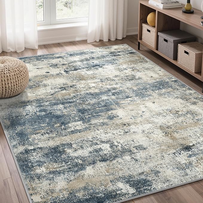 GENIMO Area Rug 5x7 Washable Abstract Modern Rug Non Slip, Low Pile Lightweight Soft Carpet for Living Room, Bedroom, Dining Room, Navy Blue