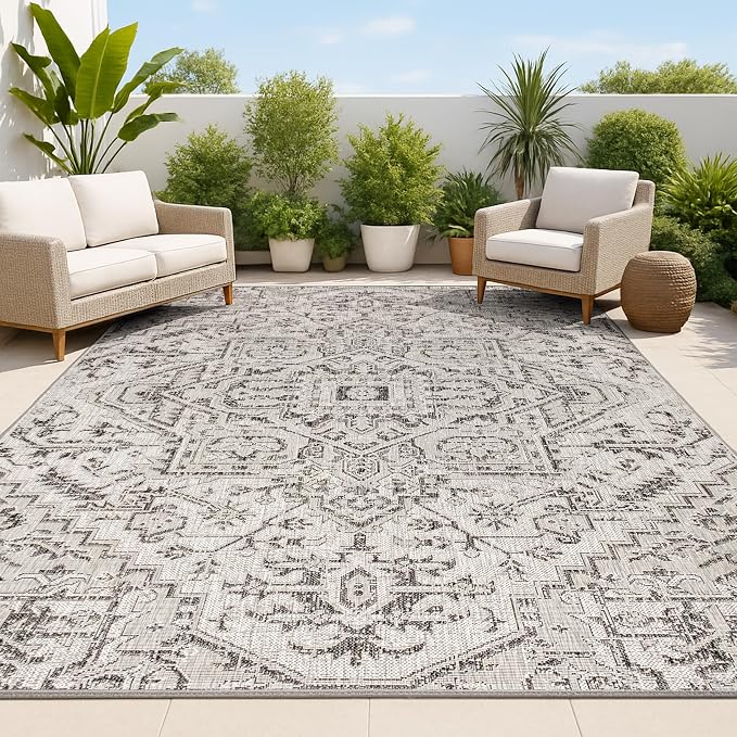 JONATHAN Y Boho Medallion Indoor Outdoor Area Rug 3X5 Black/Gray, Estrella Textured Weave for Backyard, Patio, Porch, Easy-Cleaning, High Traffic, Pet-Friendly, Non-Shedding (SMB105D-3)