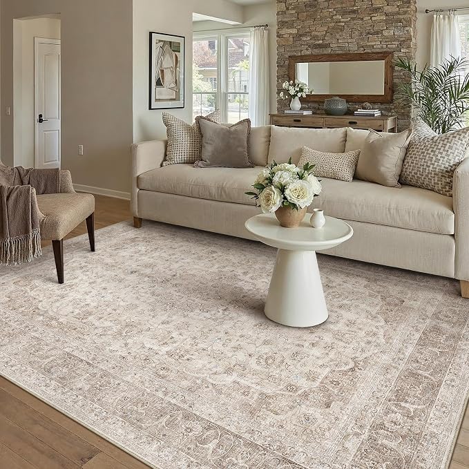 PureCozy 4x5 Washable Small Area Rug Beige Vintage Traditional Oriental | Non Slip, Soft Low Pile, Indoor Carpet for Entryway, Kitchen, Bathroom, Distressed Retro Decor