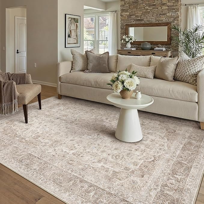 PureCozy 6x9 Area Rug Washable Beige Vintage Traditional Oriental | Non Slip, Soft Low Pile, Indoor Carpet for Living Room, Bedroom, Dining Room, Distressed Retro Decor