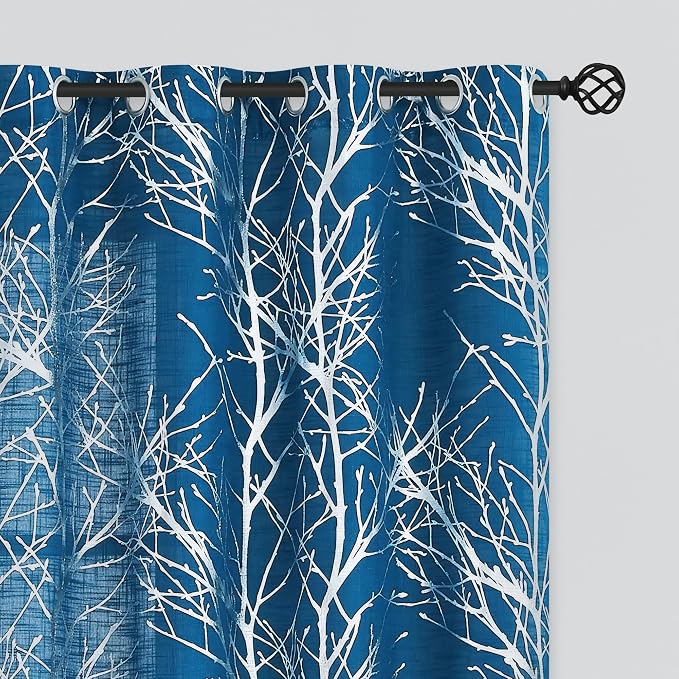 FMFUNCTEX Linen Silver Navy Blue Semi Sheer Print Curtains 63 Inch 2 Panels | Metallic Branch Sheer Patterned Drapes, Light Filtering Grommet Panels for Modern Farmhouse Bedroom and Living Room Style