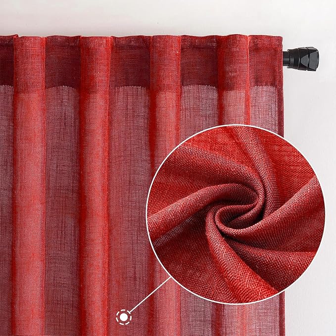 MIULEE Red Linen Curtains 108 Inches Long for Bedroom Living Room, Soft Thick Linen Textured Window Drapes Semi Sheer Light Filtering Back Tab Rod Pocket Burlap Look Christmas Decor, 2 Panels
