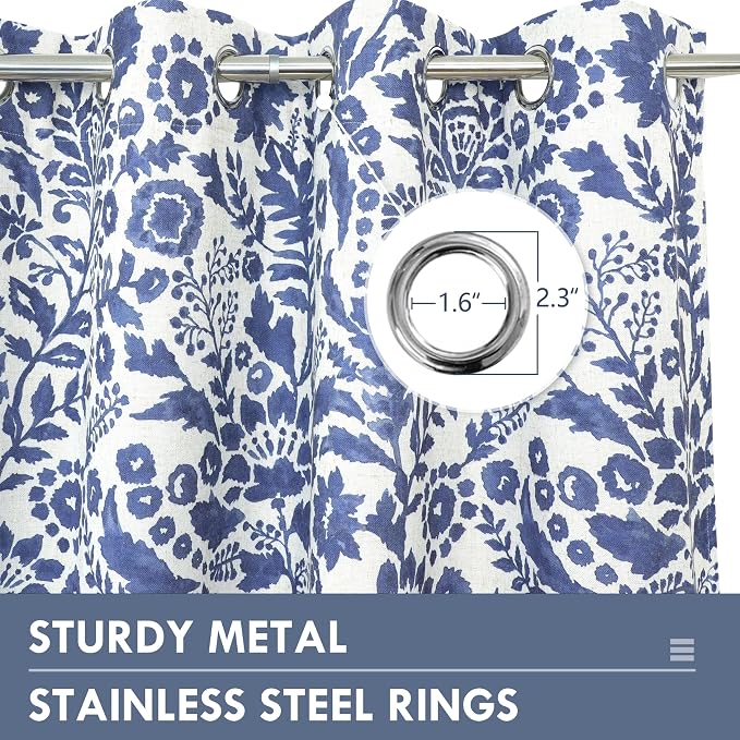 DriftAway Julia 100% Blackout Curtains Grommet 2 Panels, W52xL96, Navy | Floral Curtains, Bedroom, Living Room, Linen Blend, Watercolor Pattern, 2 Layers, Thermal Insulated, Window Treatment