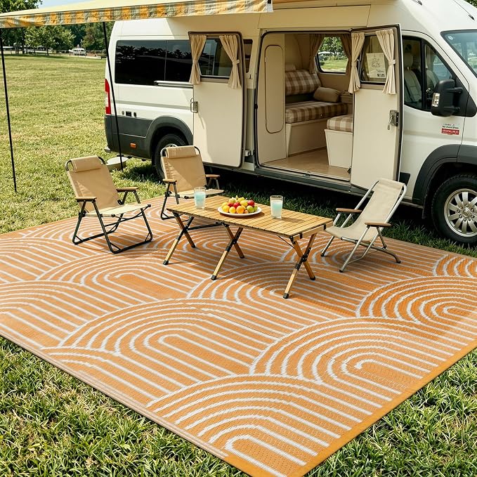 Lahome Outdoor Patio Rug Waterproof 9x12,Camping Rug for Outside Your Rv,Large Portable Lightweight Plastic Straw Carpets for Beach Backyard Garden(Orange,9'x12')