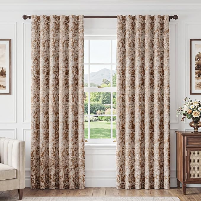 Beauoop Brown Floral Jacquard Blackout Curtains for Bedroom 52x84 2 Panels | Flower Chenille Room Darkening Drapes for Living Room 84 Inch Long Thermal Insulated Soundproof Window treatment Rod Pocket