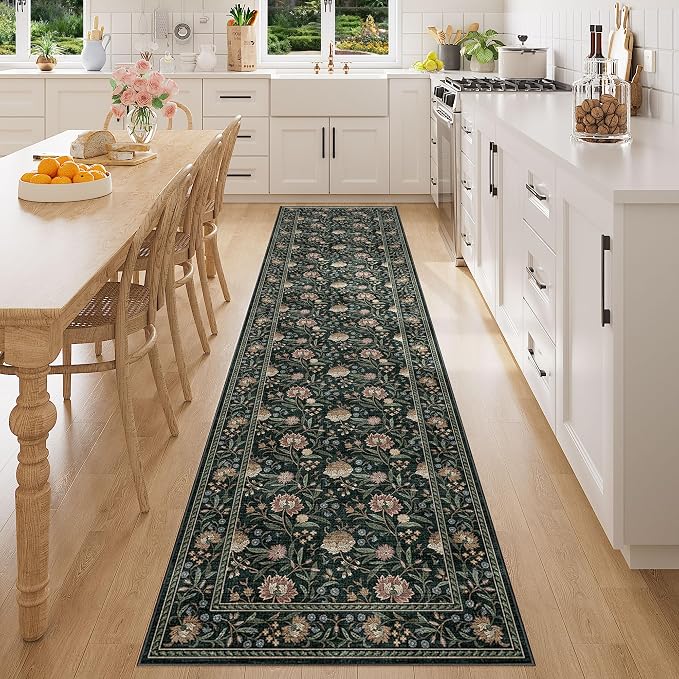 DUKINO 2x8 Runner Rug, Washable Vintage Floral Kitchen Rugs, Dark Green | Non Slip, Low Pile, Stain Resistant Aesthetic Soft Carpet Runner for Hallway Bathroom Entryway Bedroom Farmhouse Laundry Room