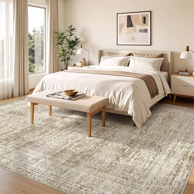 8x10 Area Rugs for Living Room,Large Washable Rug,Brown | Rugs for Bedroom,Dining Room,Office,Low Pile,Soft, Neutral Rug,Stain Resistant Indoor Carpet,Non Slip,Home Decor