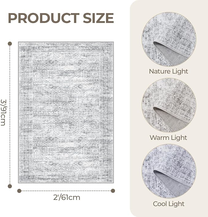2x3 Rug Non Slip, Small Washable Entryway Rug,Grey | Welcome Mat,Runner for Kitchen,Front Door,Bathroom,Bedroom,Thin Area Rug,Soft Foldable Indoor Carpet,Stain Resistant