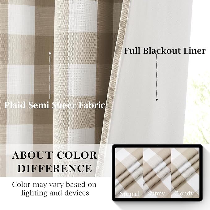 Beige White Buffalo Plaid Full Blackout Bedroom Curtains 72 Inch | Rustic Gingham Drapes with Room Darkening Liner,Thermal Insulated Window Treatment,Rod Pocket Back Tabs,40"Wx72"Lx2