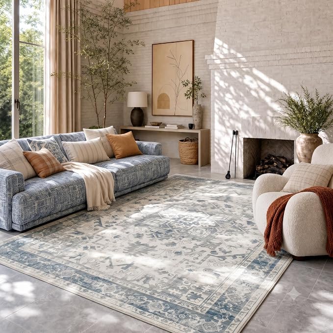 Rugxara 6x9 Washable Area Rug for Living Room, Neutral Vintage Large Boho Rugs for Office, Dining Room, Kids Room, Farmhouse, Durable Low Pile Non Slip Carpet for High Traffic Areas, Light Blue Grey