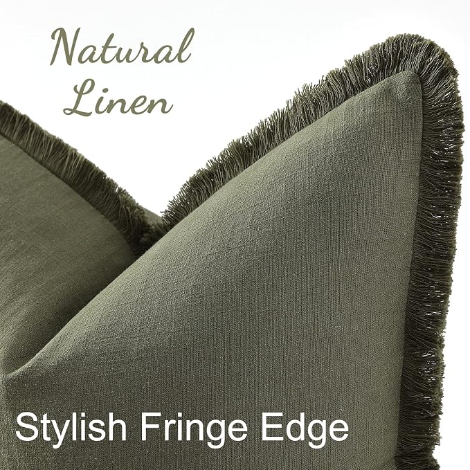 decorUhome Linen Fringe Olive Green Throw Pillow Covers 20x20 Set of 2 | Decorative Soft Accent Modern Boho Farmhouse Cushion Covers with Tassels Cotton Pillow Covers for Couch Bed Sofa