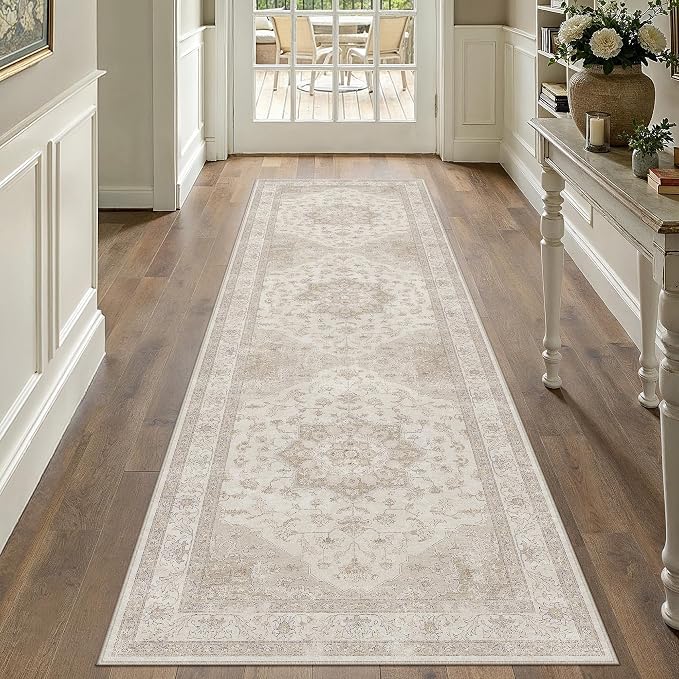 PureCozy Beige Runner Rug 2x8 Washable Vintage Long Carpet for Hallway Kitchen Soft Retro Low Pile Thin Indoor Runner Non Slip Oriental Medallion Throw Rug for Bathroom Bedroom Laundry Dining Room