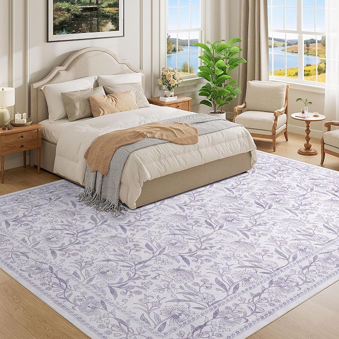 DUKINO 9x12 Area Rug for Living Room, Vintage Floral Washable Rug, Purple | Non Slip, Low Pile, Non-Shedding, Stain Resistant, Aesthetic Soft Indoor Large Carpet for Bedroom Dining Room Farmhouse