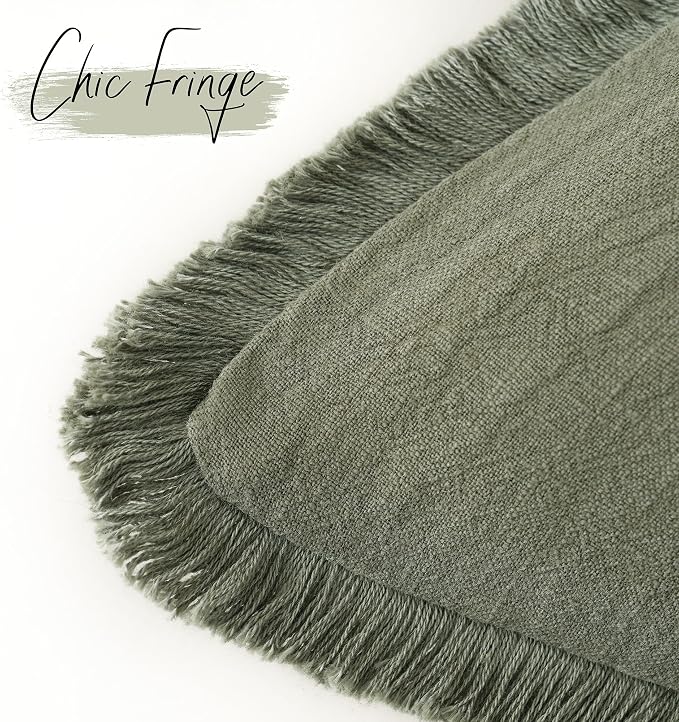 Foindtower Set of 2 Decorative Linen Fringe Throw Pillow Covers Cozy Boho Farmhouse Cushion Cover with Tassels Soft Accent Pillowcase for Couch Sofa Bed Living Room Home Decor, 26×26 Inch, Olive Green