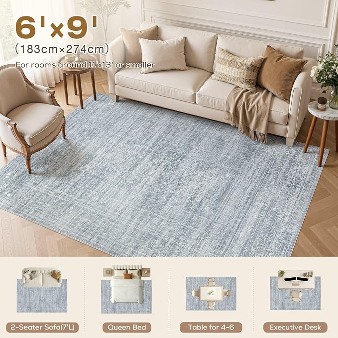 Nakagishi 6x9 Area Rugs Living Room: Washable Large Vintage Rug Neutral Non-Slip Soft Stain Resistant Indoor Carpet for Bedroom Nursery Dining Room Office Playroom - Blue