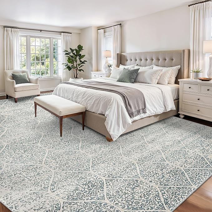 Soalmost 10x14 Area Rug for Living Room, Moroccan Trellis Washable Soft Rug | Stain Resistant Non-Slip Low Pile Natural Extra Large Carpet for Dining Room Bedroom Home Office Nursery Teal Blue, 10'x14'