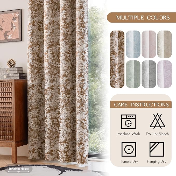 Beauoop Brown Floral Jacquard Blackout Curtains for Bedroom 52x84 2 Panels | Flower Chenille Room Darkening Drapes for Living Room 84 Inch Long Thermal Insulated Soundproof Window treatment Rod Pocket