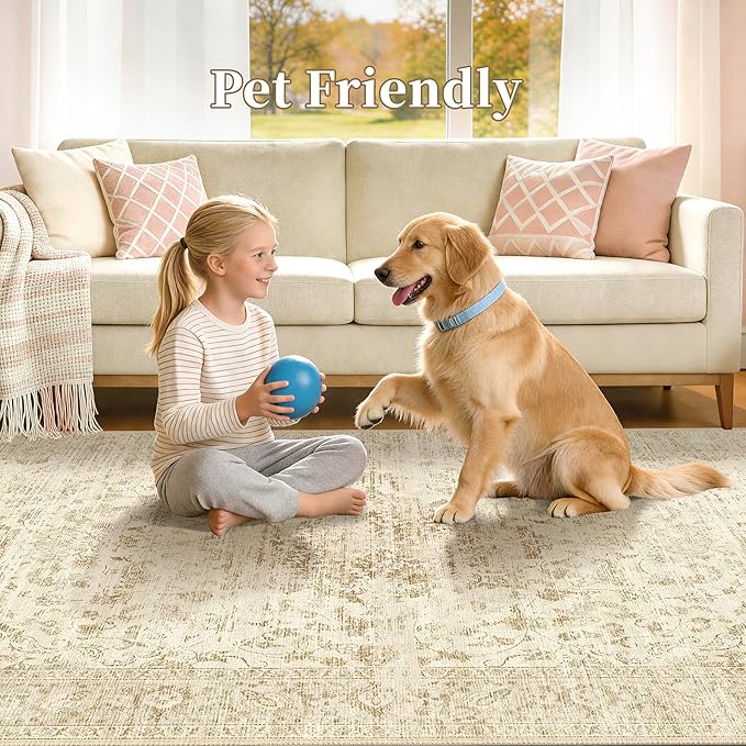 Neutral 4x6 Area Rug, Beige Vintage Boho Carpet for Bedroom,Thin | for Living Room and Nursery, Washable Low Pile Indoor Rug with Non-Slip Silicone Backing, Non-Shedding