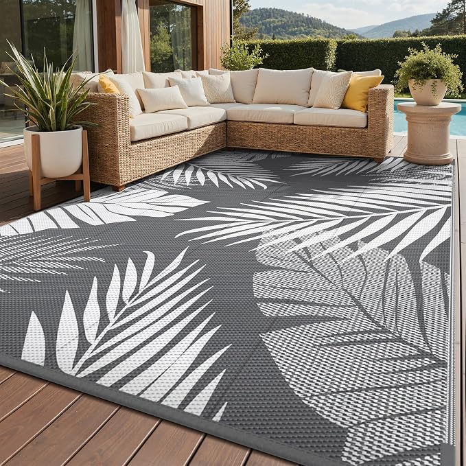 GENIMO Outdoor Rug, Waterproof Plastic Rugs for Patio, 8'x10' Grey White | Outside Larger Leaf Carpet Mat for Porch Decor, Deck, Balcony, Camping, RV, Backyard, Picnic, Beach, Reversible, Foldable