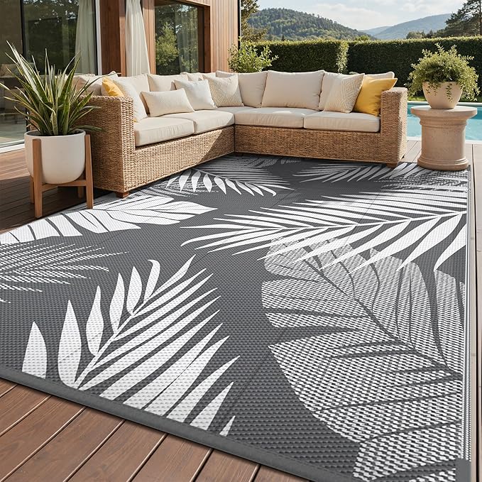 GENIMO Outdoor Rug, Waterproof Plastic Rugs for Patio, 9'x12' Grey White | Outside Larger Leaf Carpet Mat for Porch Decor, Deck, Balcony, Camping, RV, Backyard, Picnic, Beach, Reversible, Foldable