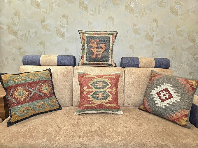 Kilim Pillow Cover Set of 4, 18 x 18 inches Wool Jute Cushion Cover, Handwoven Boho Vintage Decorative Throw Pilllow Case for Living Room & Bedrooms (D4-Set of-4)